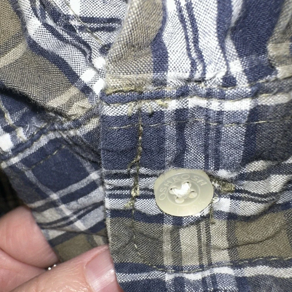 OshKosh B'Gosh Toddler Boys 4T Vtg‎ USA Blue Plaid Button Up Shirt Long Sleeve
